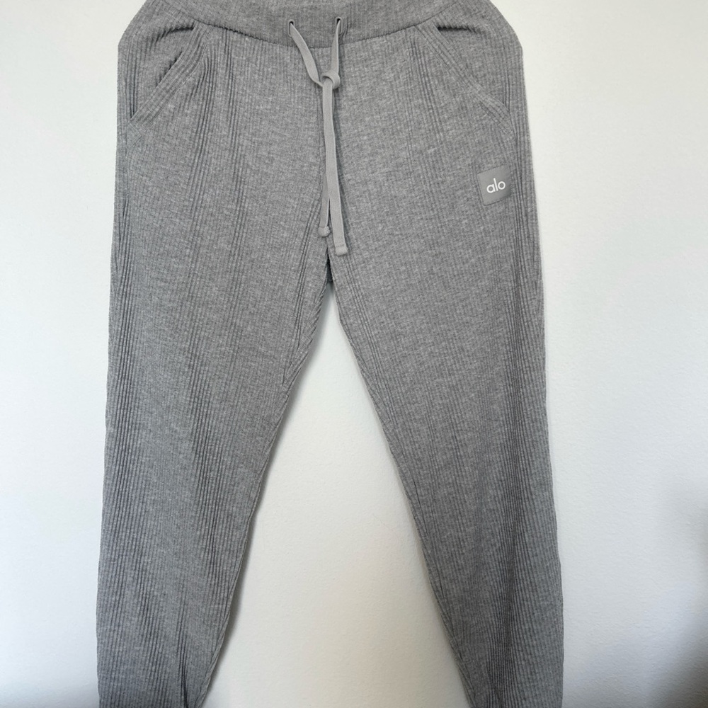 Alo Yoga Ribbed High-Waist Lounge Joggers Heather Gray Size Small